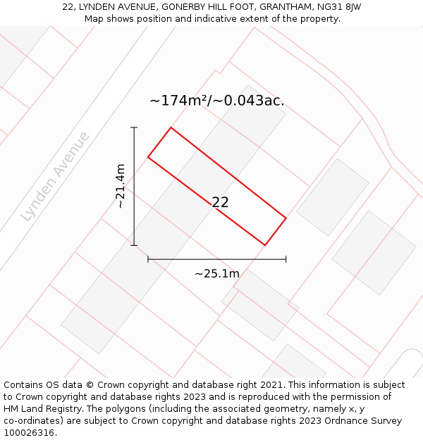 22, LYNDEN AVENUE, GONERBY HILL FOOT, GRANTHAM, NG31 8JW: Plot and title map