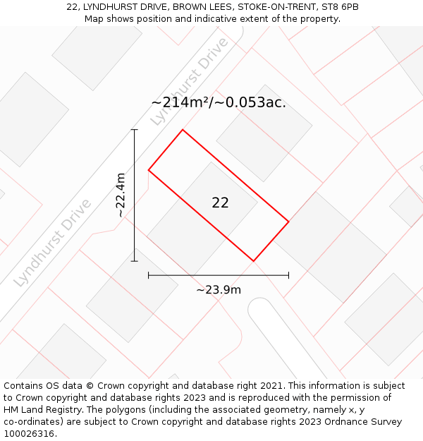 22, LYNDHURST DRIVE, BROWN LEES, STOKE-ON-TRENT, ST8 6PB: Plot and title map