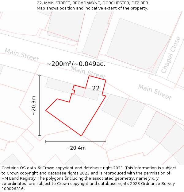 22, MAIN STREET, BROADMAYNE, DORCHESTER, DT2 8EB: Plot and title map