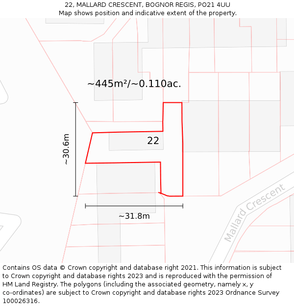 22, MALLARD CRESCENT, BOGNOR REGIS, PO21 4UU: Plot and title map