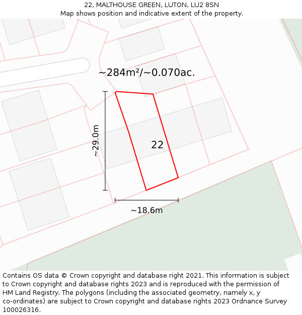 22, MALTHOUSE GREEN, LUTON, LU2 8SN: Plot and title map