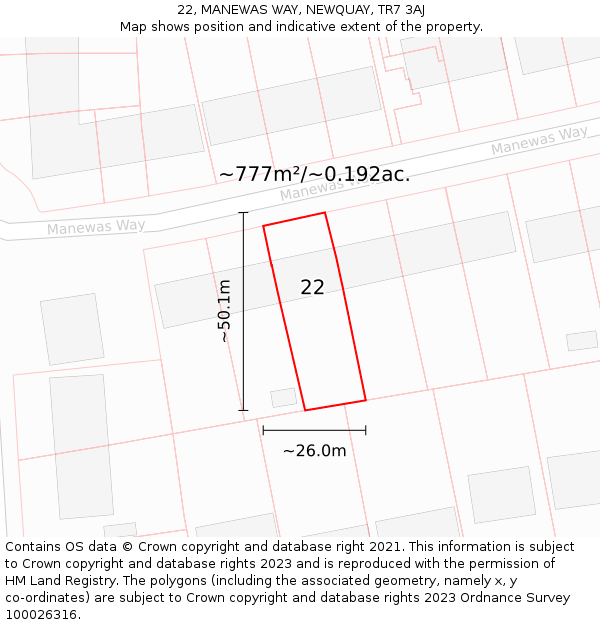 22, MANEWAS WAY, NEWQUAY, TR7 3AJ: Plot and title map