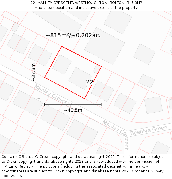 22, MANLEY CRESCENT, WESTHOUGHTON, BOLTON, BL5 3HR: Plot and title map