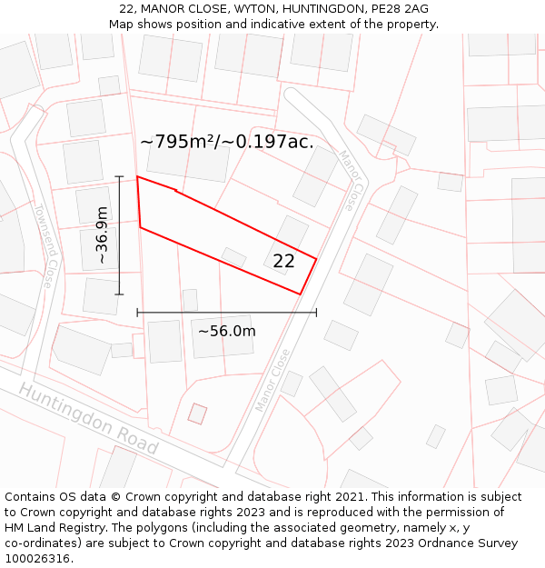 22, MANOR CLOSE, WYTON, HUNTINGDON, PE28 2AG: Plot and title map