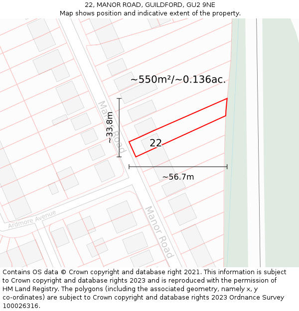 22, MANOR ROAD, GUILDFORD, GU2 9NE: Plot and title map