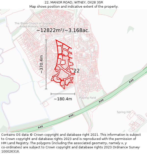 22, MANOR ROAD, WITNEY, OX28 3SR: Plot and title map