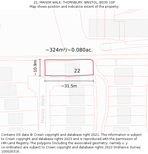22, MANOR WALK, THORNBURY, BRISTOL, BS35 1SP: Plot and title map
