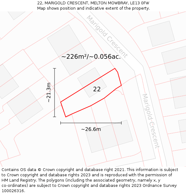 22, MARIGOLD CRESCENT, MELTON MOWBRAY, LE13 0FW: Plot and title map
