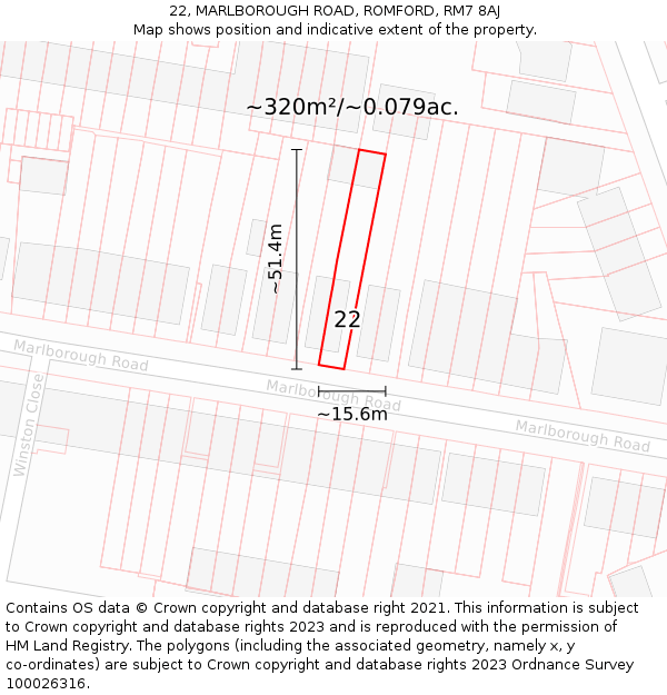 22, MARLBOROUGH ROAD, ROMFORD, RM7 8AJ: Plot and title map