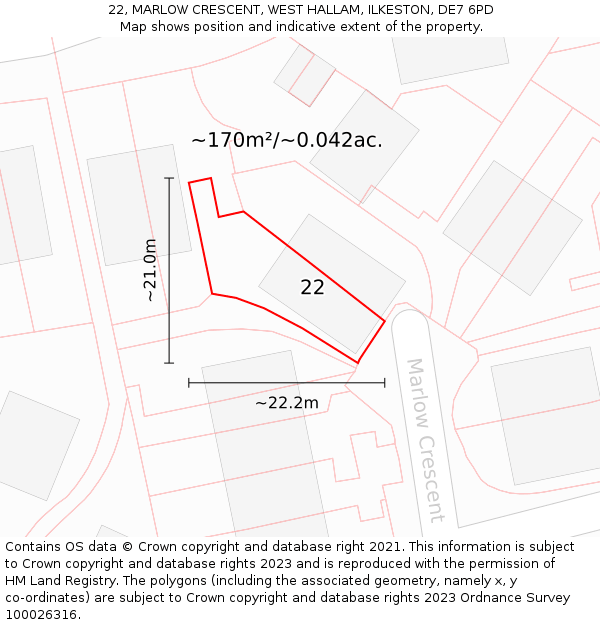 22, MARLOW CRESCENT, WEST HALLAM, ILKESTON, DE7 6PD: Plot and title map