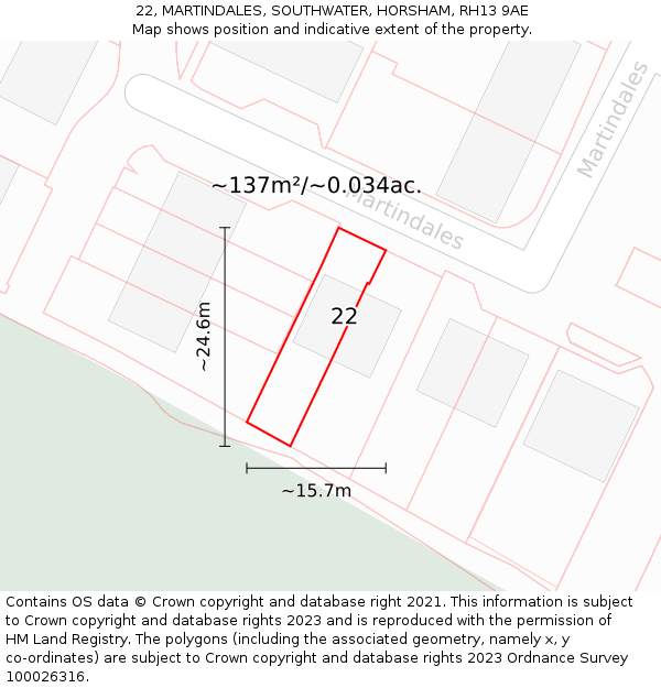 22, MARTINDALES, SOUTHWATER, HORSHAM, RH13 9AE: Plot and title map