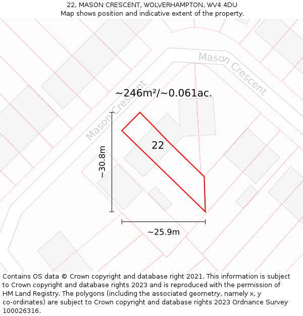 22, MASON CRESCENT, WOLVERHAMPTON, WV4 4DU: Plot and title map