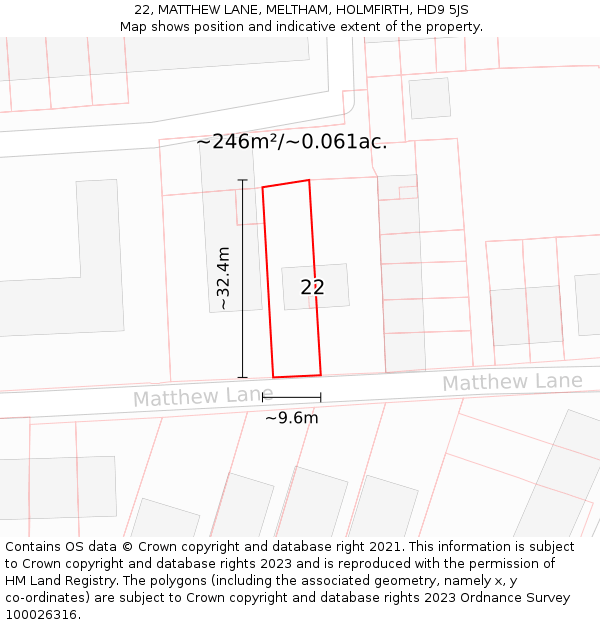 22, MATTHEW LANE, MELTHAM, HOLMFIRTH, HD9 5JS: Plot and title map