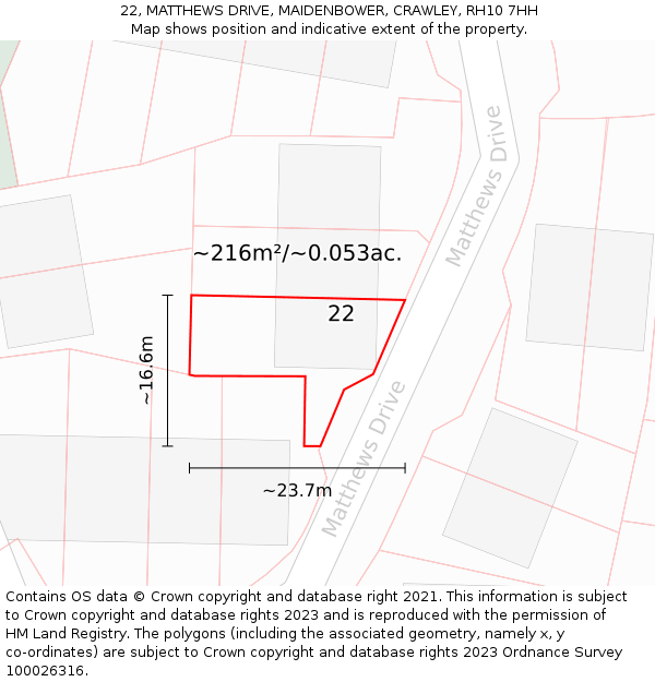 22, MATTHEWS DRIVE, MAIDENBOWER, CRAWLEY, RH10 7HH: Plot and title map