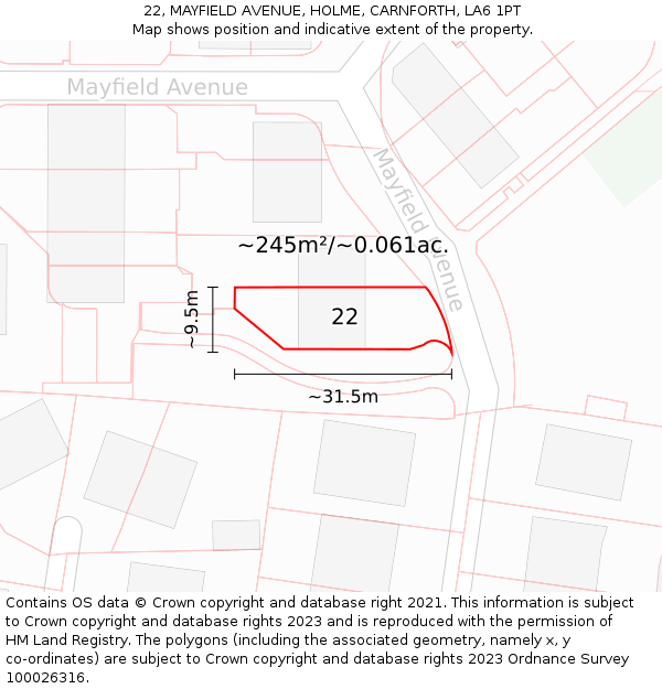 22, MAYFIELD AVENUE, HOLME, CARNFORTH, LA6 1PT: Plot and title map