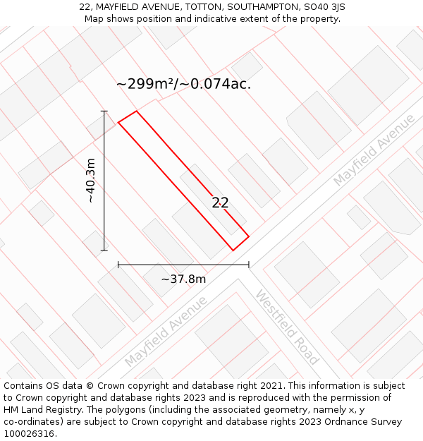 22, MAYFIELD AVENUE, TOTTON, SOUTHAMPTON, SO40 3JS: Plot and title map