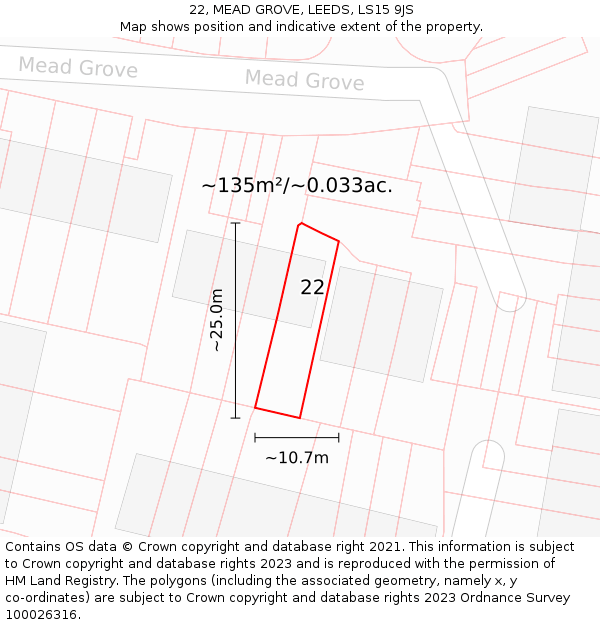 22, MEAD GROVE, LEEDS, LS15 9JS: Plot and title map