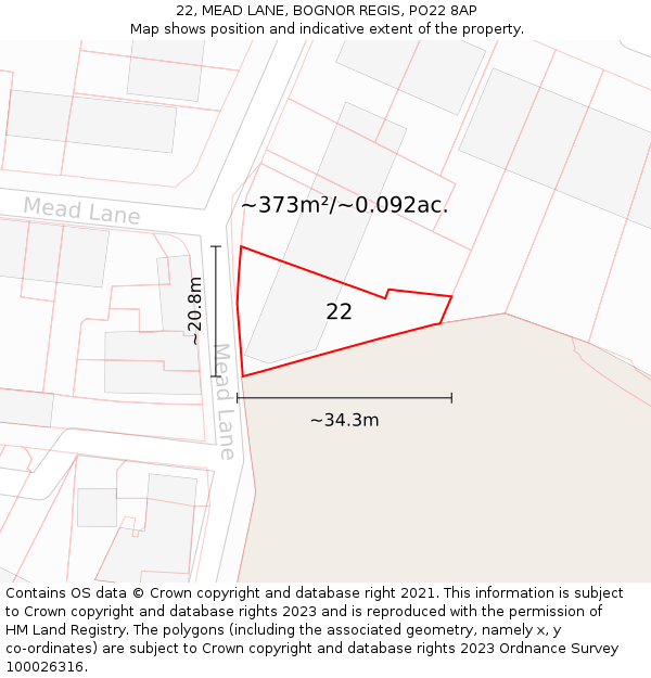 22, MEAD LANE, BOGNOR REGIS, PO22 8AP: Plot and title map