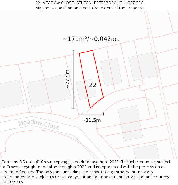 22, MEADOW CLOSE, STILTON, PETERBOROUGH, PE7 3FG: Plot and title map