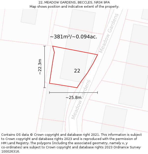 22, MEADOW GARDENS, BECCLES, NR34 9PA: Plot and title map