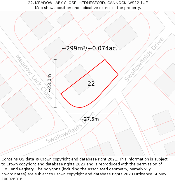 22, MEADOW LARK CLOSE, HEDNESFORD, CANNOCK, WS12 1UE: Plot and title map