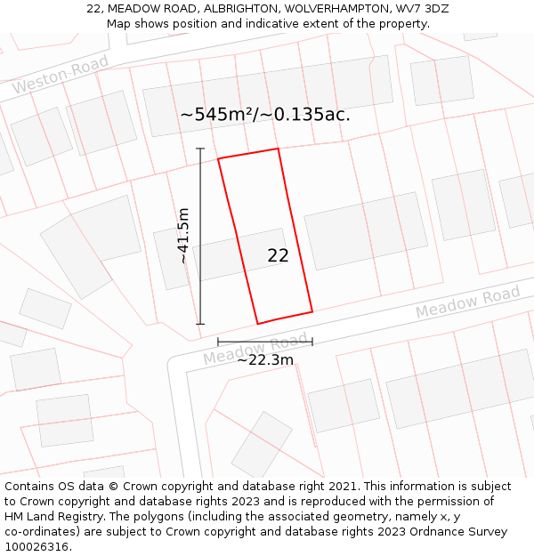 22, MEADOW ROAD, ALBRIGHTON, WOLVERHAMPTON, WV7 3DZ: Plot and title map