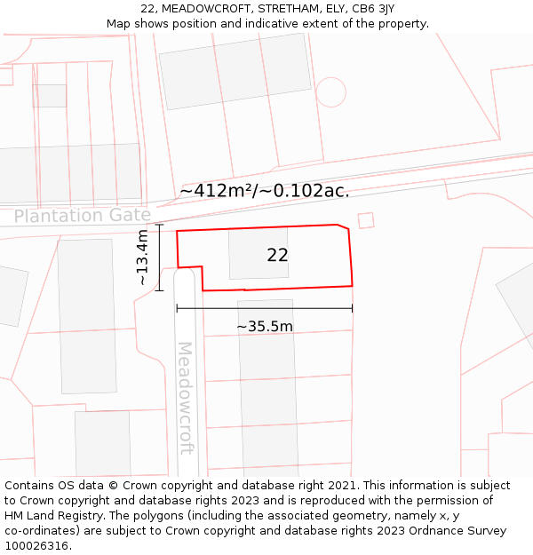 22, MEADOWCROFT, STRETHAM, ELY, CB6 3JY: Plot and title map