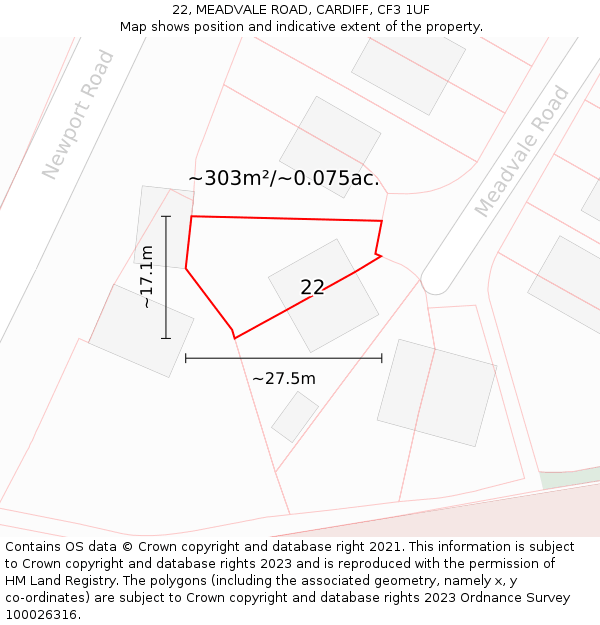 22, MEADVALE ROAD, CARDIFF, CF3 1UF: Plot and title map