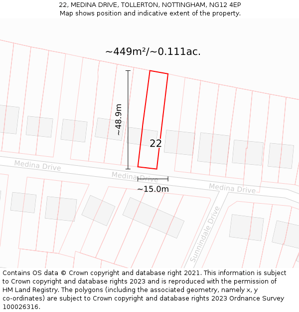 22, MEDINA DRIVE, TOLLERTON, NOTTINGHAM, NG12 4EP: Plot and title map