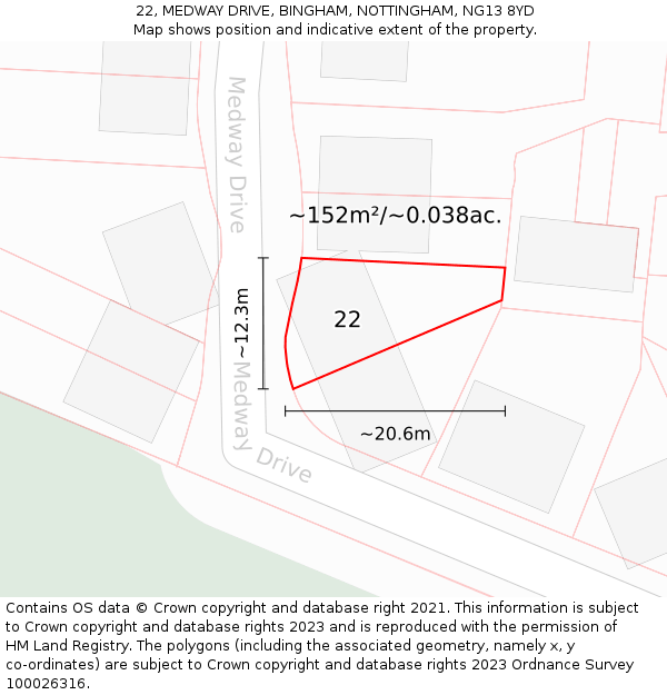 22, MEDWAY DRIVE, BINGHAM, NOTTINGHAM, NG13 8YD: Plot and title map