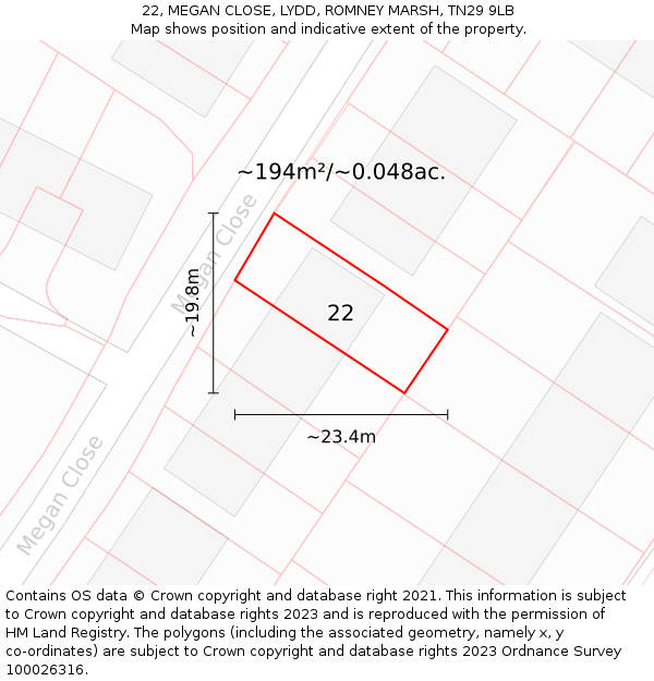 22, MEGAN CLOSE, LYDD, ROMNEY MARSH, TN29 9LB: Plot and title map