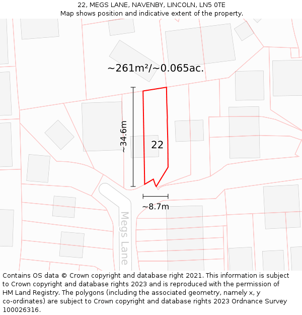 22, MEGS LANE, NAVENBY, LINCOLN, LN5 0TE: Plot and title map