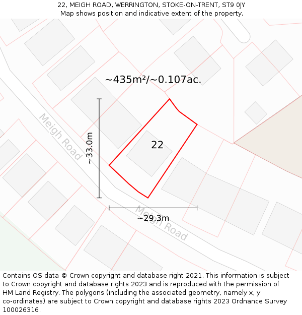 22, MEIGH ROAD, WERRINGTON, STOKE-ON-TRENT, ST9 0JY: Plot and title map