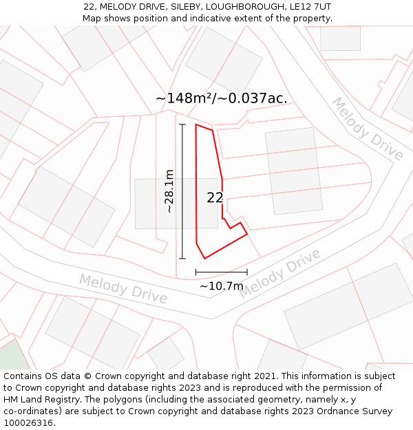 22, MELODY DRIVE, SILEBY, LOUGHBOROUGH, LE12 7UT: Plot and title map