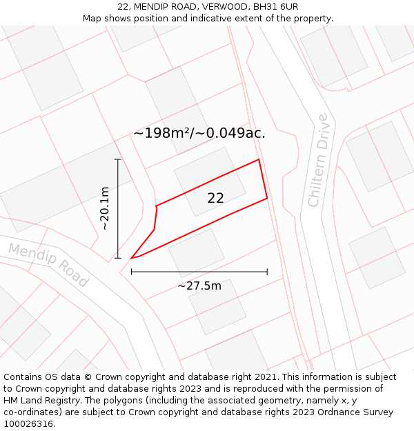 22, MENDIP ROAD, VERWOOD, BH31 6UR: Plot and title map