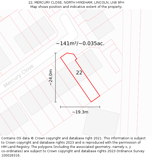 22, MERCURY CLOSE, NORTH HYKEHAM, LINCOLN, LN6 9FH: Plot and title map