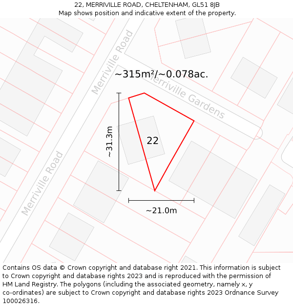 22, MERRIVILLE ROAD, CHELTENHAM, GL51 8JB: Plot and title map