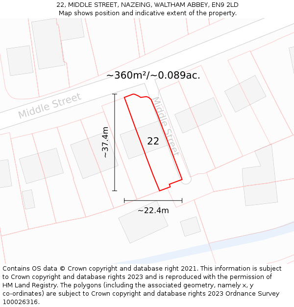 22, MIDDLE STREET, NAZEING, WALTHAM ABBEY, EN9 2LD: Plot and title map