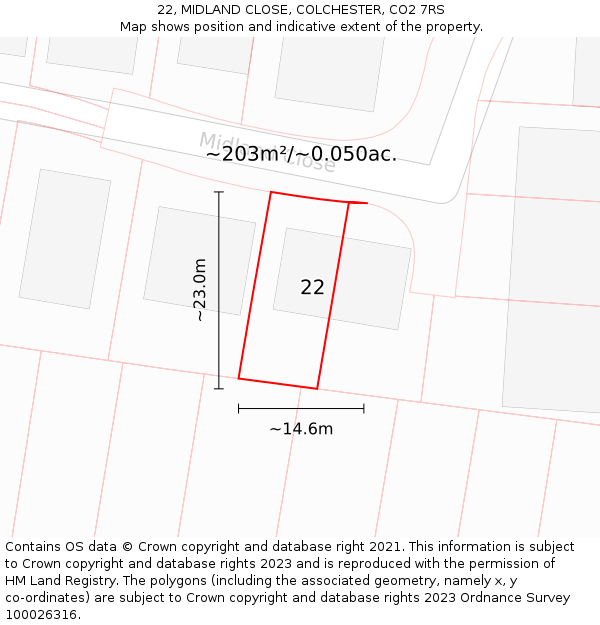 22, MIDLAND CLOSE, COLCHESTER, CO2 7RS: Plot and title map