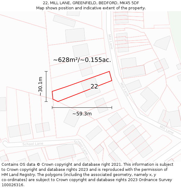 22, MILL LANE, GREENFIELD, BEDFORD, MK45 5DF: Plot and title map