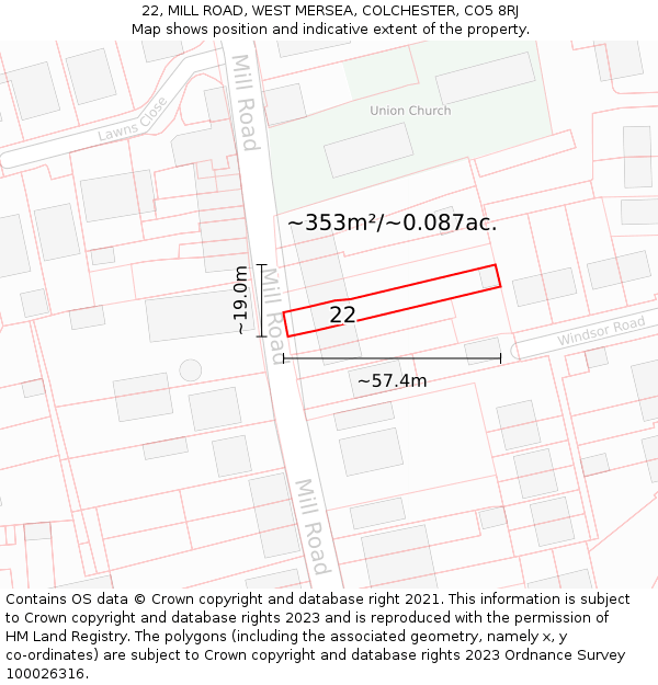 22, MILL ROAD, WEST MERSEA, COLCHESTER, CO5 8RJ: Plot and title map