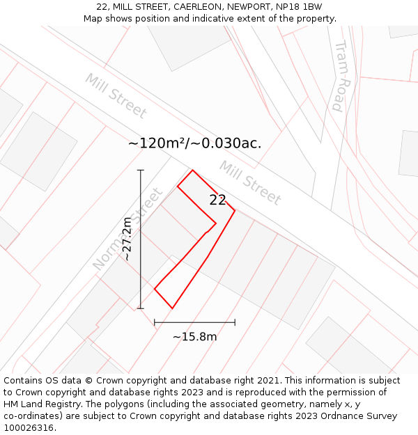 22, MILL STREET, CAERLEON, NEWPORT, NP18 1BW: Plot and title map