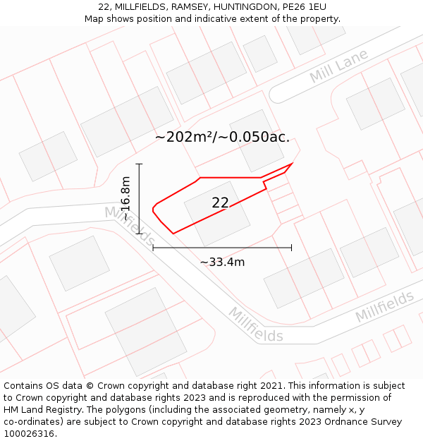 22, MILLFIELDS, RAMSEY, HUNTINGDON, PE26 1EU: Plot and title map
