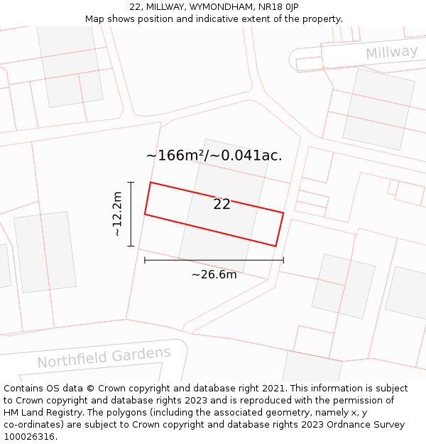 22, MILLWAY, WYMONDHAM, NR18 0JP: Plot and title map