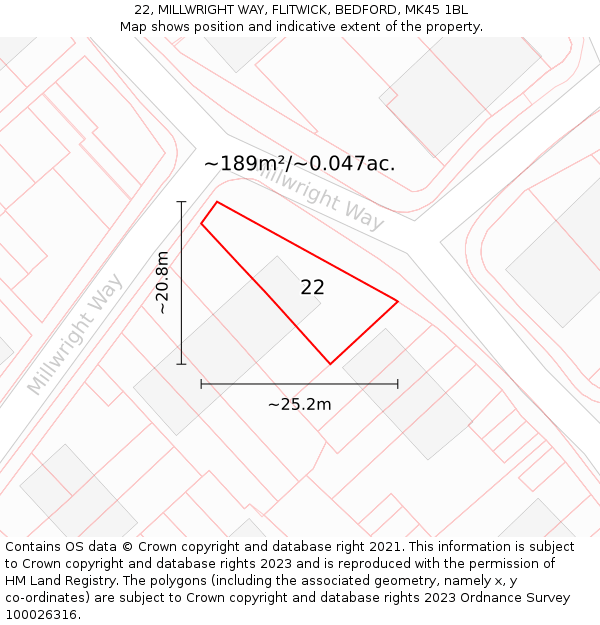 22, MILLWRIGHT WAY, FLITWICK, BEDFORD, MK45 1BL: Plot and title map
