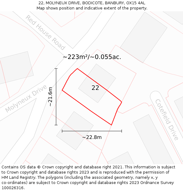 22, MOLYNEUX DRIVE, BODICOTE, BANBURY, OX15 4AL: Plot and title map