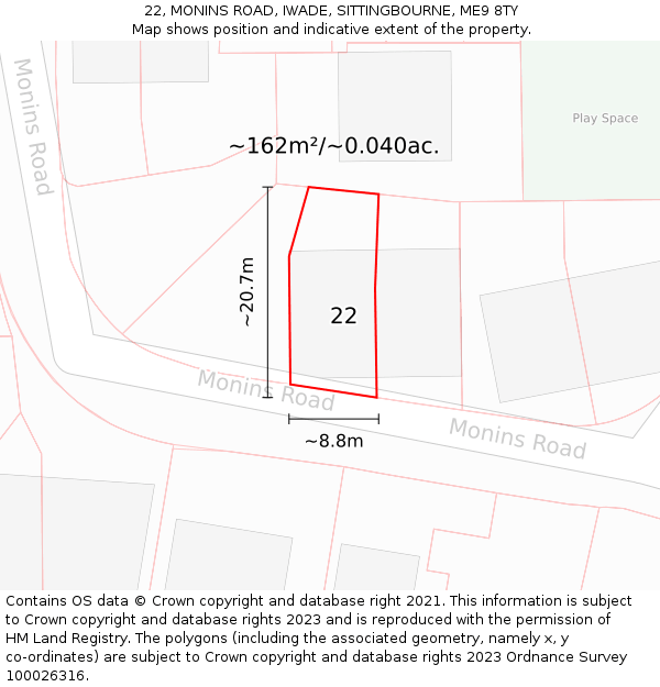 22, MONINS ROAD, IWADE, SITTINGBOURNE, ME9 8TY: Plot and title map