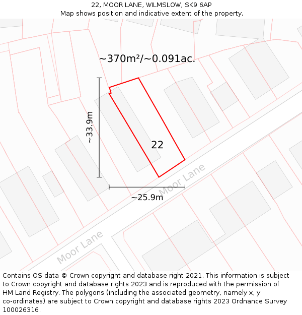 22, MOOR LANE, WILMSLOW, SK9 6AP: Plot and title map