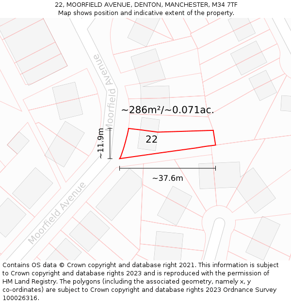 22, MOORFIELD AVENUE, DENTON, MANCHESTER, M34 7TF: Plot and title map