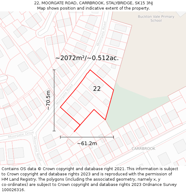 22, MOORGATE ROAD, CARRBROOK, STALYBRIDGE, SK15 3NJ: Plot and title map